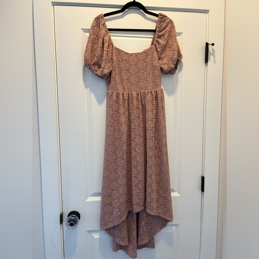 NSR Evelyn Lace MIDI Lace High Low Dress Pull On Puff Sleeve